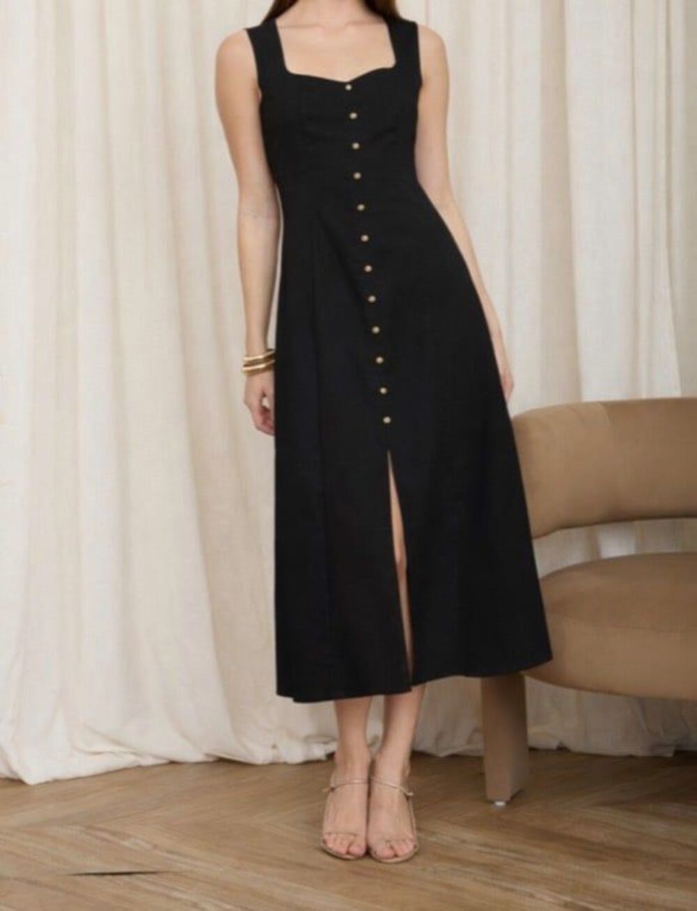 The Workshop Black Linen Blend Midi Dress | Size M | NWT